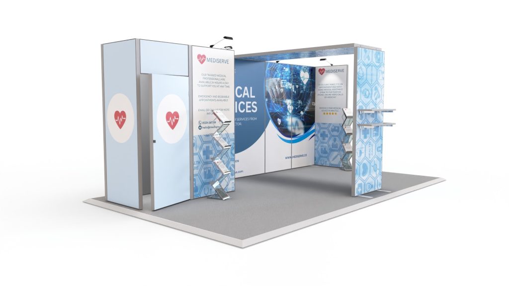 modular exhibition stand with medical artwork design