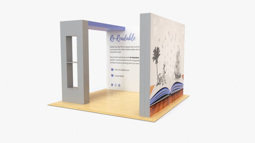 A double sided L shape Modulink exhibition stand with an arch with 2 windows, made with eco-friendy materials