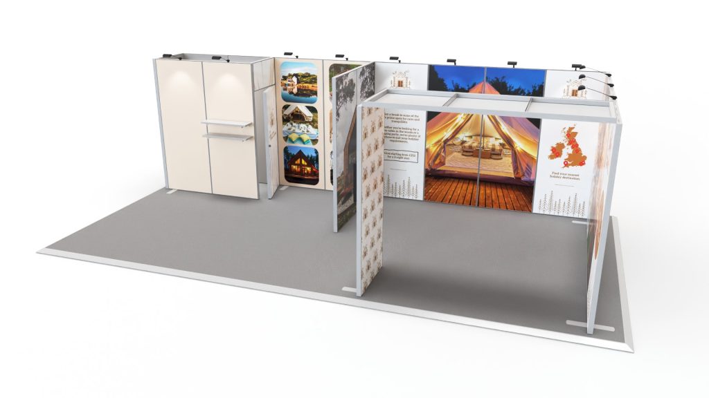 Modular exhibition stand with a storage cupboard and archway