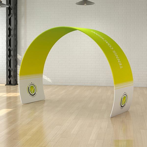 Custom printed curved arch display, using a seamless stretch fabric graphic panel. 