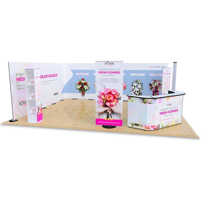 5m x 6m Streamline exhibition stand includes a 10m Streamline backdrop display, Switch banner stands, Brandon leaflet dispensers and a double phoenix exhibition counter