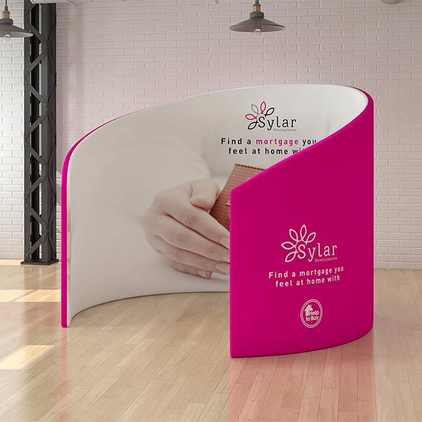 Fabric booth, uses a custom printed fabric cover. 