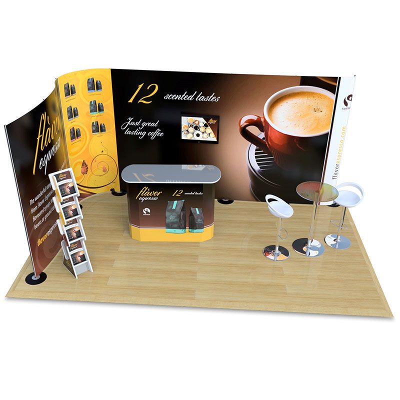 3m x 5m streamline pop up exhibition stand, with leaflet dispenser, counter and table with chairs