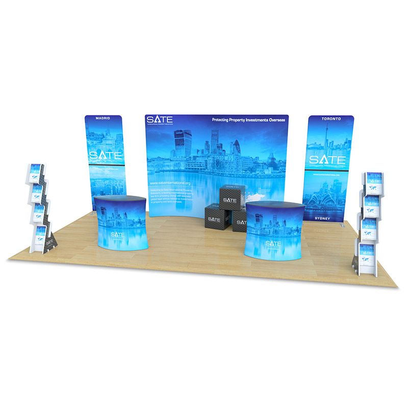 3m x 6m fabric exhibition stand designs, supplied with tex-flex fabric accessories. 