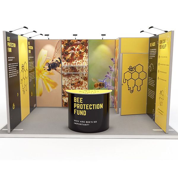 Exhibit Modular Exhibition Stand 3m x 4m Kit 1 made in to a U shape backdrop with a 1m x 1m storage cupboard