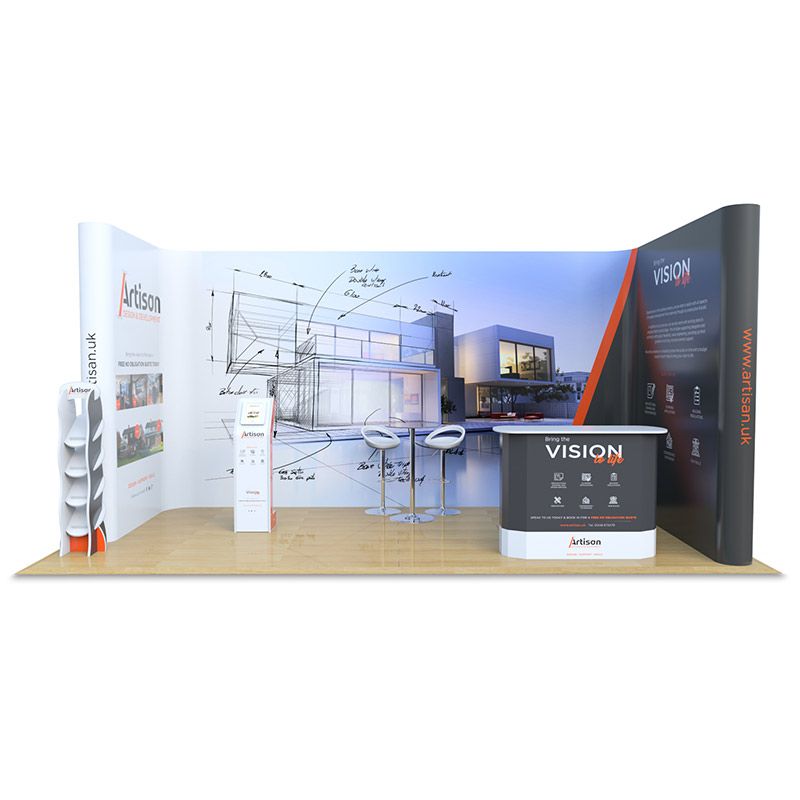 3m x 6m Jumbo U shape bundle, includes a leaflet dispenser, Fusion iPad stand and celtic counter which are made from Xanita Board. 