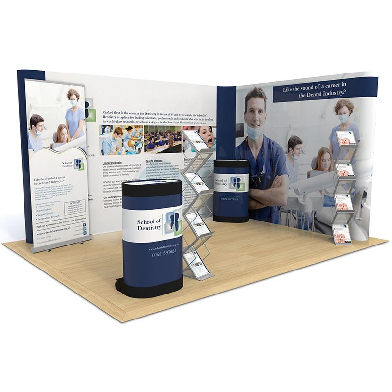 3m x 4m Exhibition Stand includes L Shape Pop Up backdrop, Sterling roller banner, counter upgrade kits and leaflet dispensers
