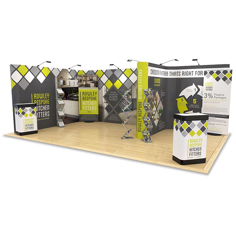 4m x 6m F Shaped Pop Up Exhibition Stand creates an impressive display with counter upgrades, Switch banner stands and leaflet dispensers