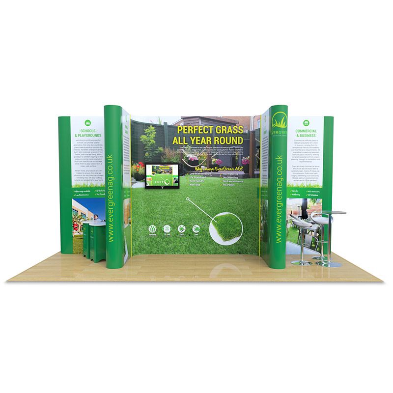 4m x 6m Jumbo display stand, supplied with custom printed plinths and a table and 4 stools.