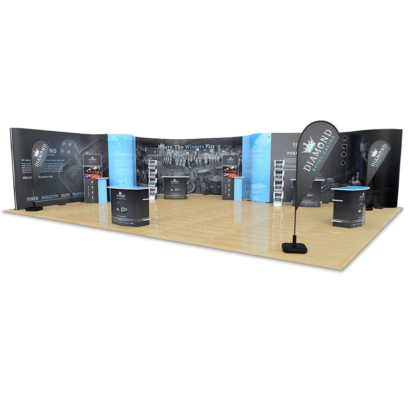 8m x 10m S Shape streamline bundle. Includes eco friendly xanita counters, media stands and leaflet dispensers & 3 custom printed flags. 