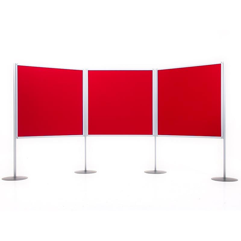 Universal display board with 3 large display panels, upholstered in loop nylon fabric. Complete with universal poles and 400mm dia round base feet.