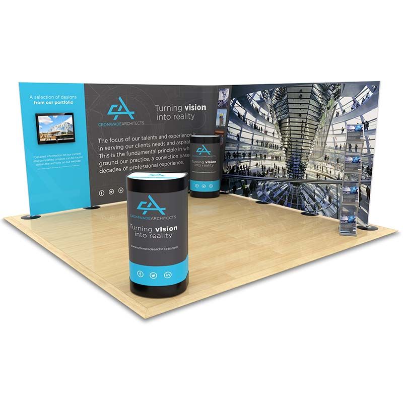 4m x 4m Streamline pop up Exhibition Stand includes a 7m Streamline backdrop display, monitor arm, 2 counter upgrade kits and a literature rack