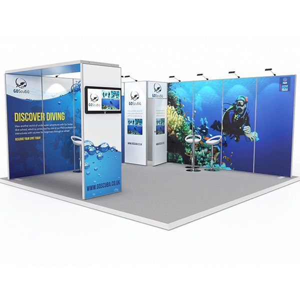 Exhibit Modular Exhibition Stand 5m x 5m Kit 1 completed with arch and storage cupboard