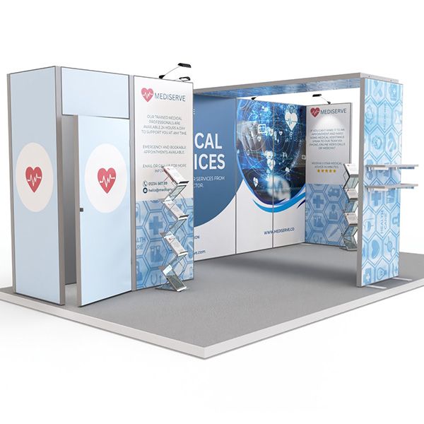 3m x 6m modular exhibition stand, includes aluminium framework, custom printed panels and storage cupboard and arch from the exhibit range.