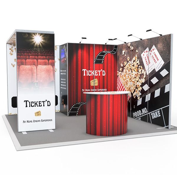 Exhibit Modular Exhibition Stand 4m x 4m – Kit 3 with overhead arch and a unique stand layout