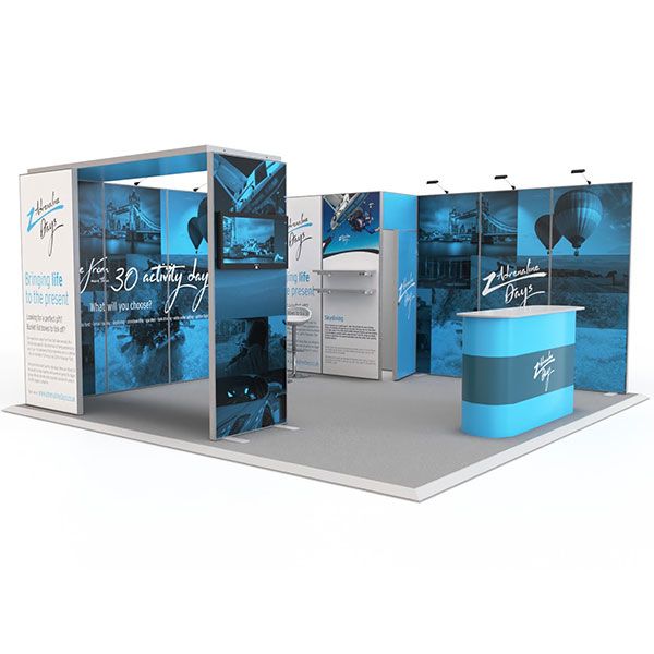 Exhibit Modular Exhibition Stand 5m x 5m – Kit 2, which 1m x 2m storage cupboard and printed arch. 