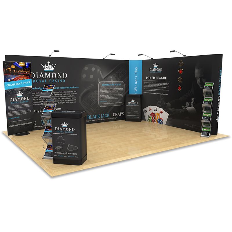 4m x 5m Exhibition Stand Design kit includes large L Shape pop up backdrop, Switch banner stand, literature racks and counter upgrade kits.