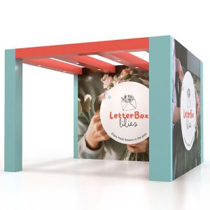 Pro Build L Shape modular exhibition stand with corner pergola, made with an eco-friendly fibreboard