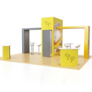 An eco-friendly exhibition stand bundle including a 3m high cupboard and 2 aches, all complete with customised branding. 