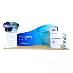 3m x 6m Fabric Tex-Flex Display Stand, supplied with curl display, promo banner, oval counter and storm leaflet dispenser.