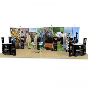 4m x 8m Streamline exhibition stand, including printed folding totems, Hexby leaflet dispenser, Kingston counters and seating. 