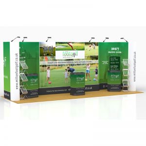 6m x 2m Exhibition Stand with a unique design and shape to help you stand out at your next exhibition
