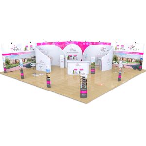 10m x 10m Streamline L Shape backdrop with Fabric C booths, tables, chairs, iPad stands, exhibition counters, fabric backdrop and totem displays