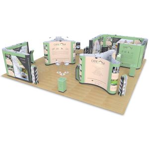 10m x 10m exhibition stand includes Pop Up room, Kingston counters, Hexby leaflet dispensers, 3x2 pop up islands, 3x3 L Shape double sided, Pop Up upgrades, Saxon Plinths, Rockport counters, Promo towers, Fusion iPad stands with tables & chairs