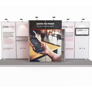 2m x 6m exhibition stand with storage cupboard, part of our Exhibit modular exhibition stand range