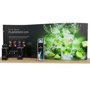 2m x 6m exhibition stand display includes completely branded plinths, iPad/tablet stand and counters as well as the S shaped backdrop