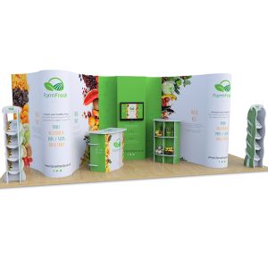 2m x 6m Exhibition Stand includes completely branded leaflet dispensers, counters and shelving