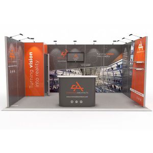 Exhibit Modular Exhibition Stand 3m x 5m U shape with a 1m storage cupboard