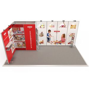 3m x 6m modular exhibition stand, includes aluminium framework, custom printed panels and storage cupboard from the exhibit range.