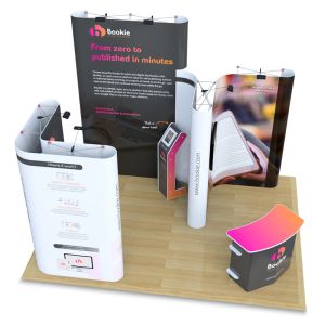 3m x 4m Jumbo Pop up exhibition stand with L Shape, Fusion iPad stand and Aztec counter