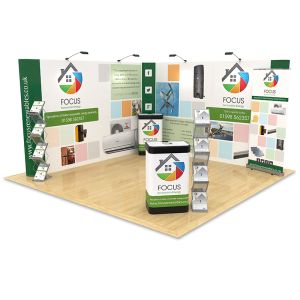 4m x 4m Exhibition Stand Design includes an L Shape backdrop display, roller banner, counter upgrades and literature stands