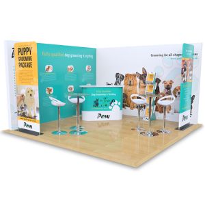 4m x 4m Modular exhibition stand includes custom printed backdrop panels, fabric banners, Celtic counter, Cascade leaflet dispenser, table and chairs