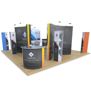 6m x 6m Exhibition Stand includes 4 x double sided 3x3 pop ups, Brandon leaflet dispensers, Promo towers, Jasper counters, Tables and Stools