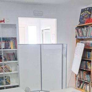 Portable Library Screens with white gloss laminate finish