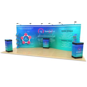 3m x 6m Exhibition Stand Design, supplied with x 2 storm leaflet dispensers and x3 deluxe upgrade kits. 