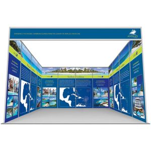 4m x 4m shell scheme, U shape printed panels, choose from 12 printed rollable panels or foamex panels. 